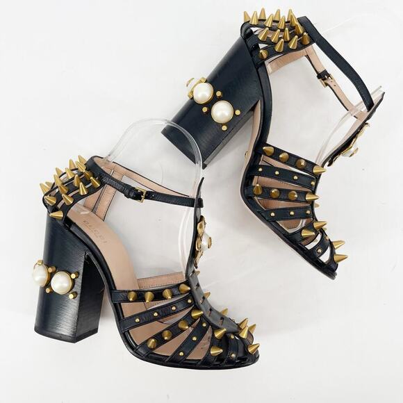 Gucci Black Leather Kendall Studded Pearl Embellished Cage Block Heels EU 39 - Picture 7 of 16